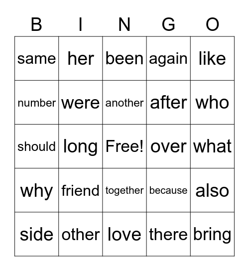 First Grade HWF Bingo Card