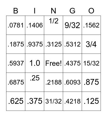 Fractions & Decimals Bingo Card