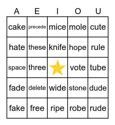 LONG VOWEL SOUNDS BINGO Card