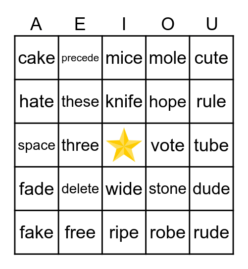 LONG VOWEL SOUNDS BINGO Card