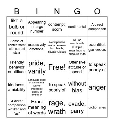 Honors Humanities Vocab 12 Bingo Card