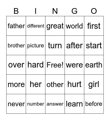 Second Grade HFW Bingo Card
