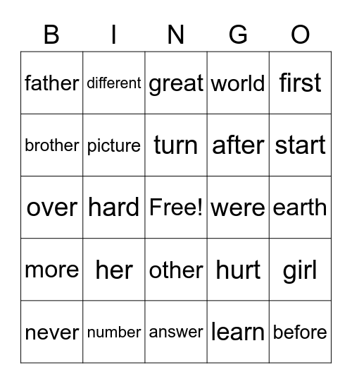 Second Grade HFW Bingo Card