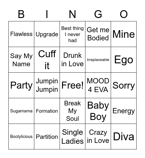 Beyonce Mixtape Bingo Card