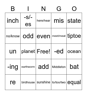 Vocabulary Bingo Card