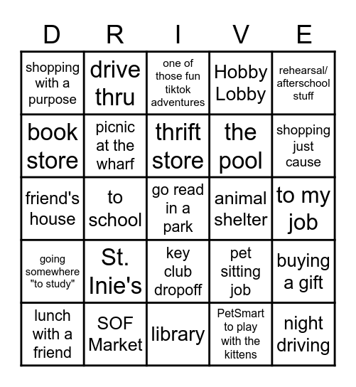 Zoe's Errands! Bingo Card