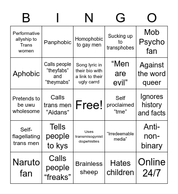 Transandrophobia Denier Bingo Card
