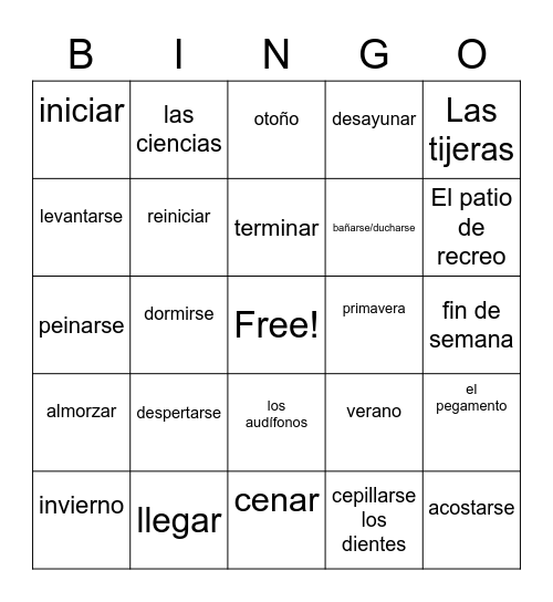 Unit 2 Mi Rutina Diara La Escuela Bingo Card