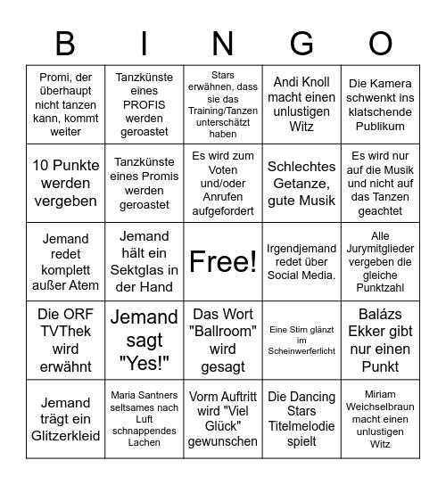 Dancing Stars Bingo Card