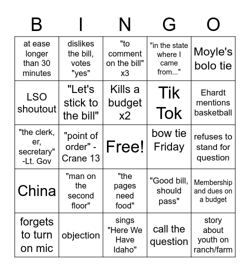 Sine Die Bingo! Bingo Card