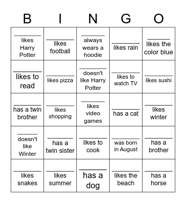 Get To Know Me! Bingo Card