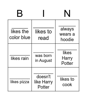 Get To Know Me! Bingo Card