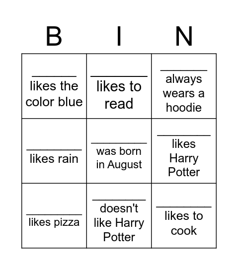 Get To Know Me! Bingo Card