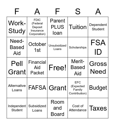 FAFSA Bingo Card