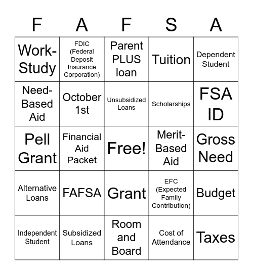 FAFSA Bingo Card