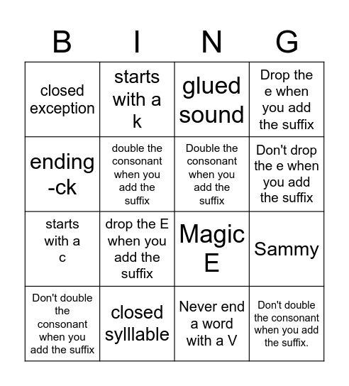 Syllable Review Bingo Card