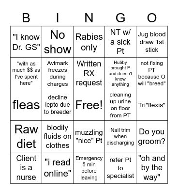 Vet Tech Bingo Card