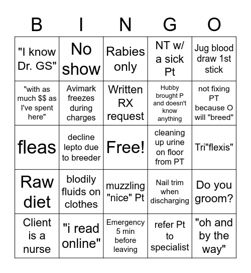 Vet Tech Bingo Card