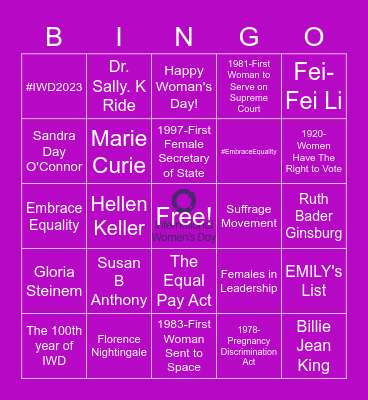 International Woman's Day Bingo Card