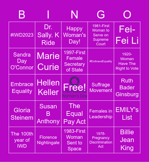 International Woman's Day Bingo Card