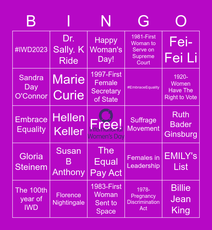 International Womans Day Bingo Card 