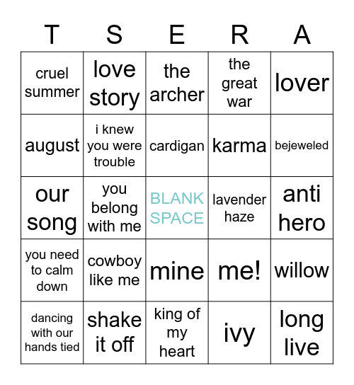 TS Eras Tour Bingo Card