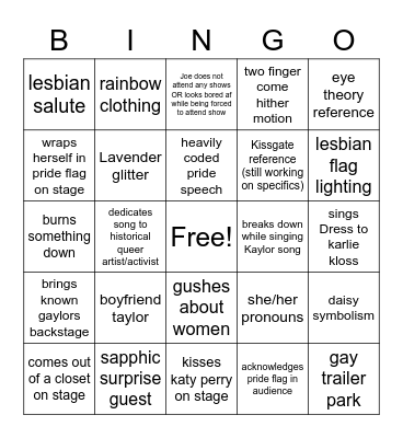 Eras Tour Gaylor Bingo Card