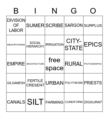 MESOPOTAMIA VOCABULARY Bingo Card