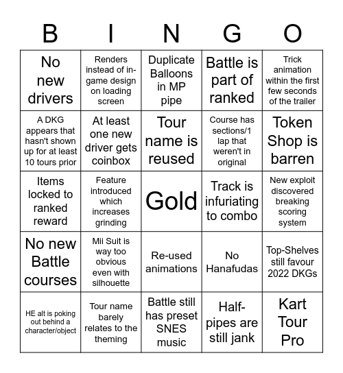 New Tour Bingo Card