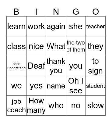 ASL BINGO Unit 1 & Unit 2 Bingo Card