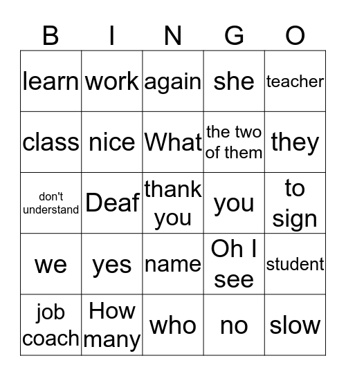 ASL BINGO Unit 1 & Unit 2 Bingo Card