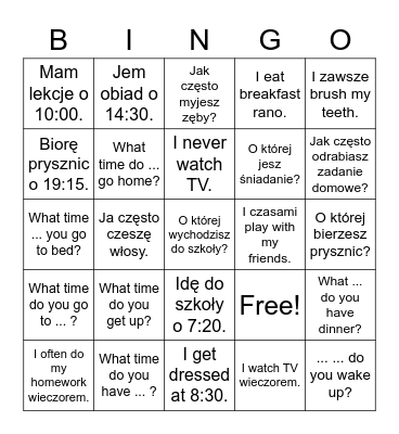 Daily routines & telling time Bingo Card