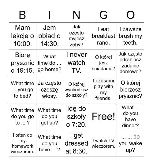 Daily routines & telling time Bingo Card