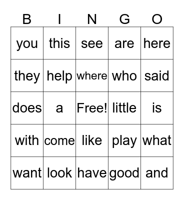 Sight Words Bingo Card