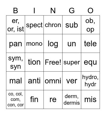 Word Parts Bingo Card