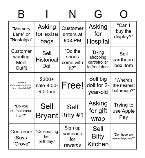 American Girl Temporary Bingo Card