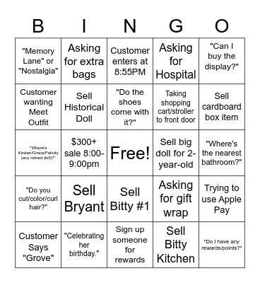American Girl Temporary Bingo Card