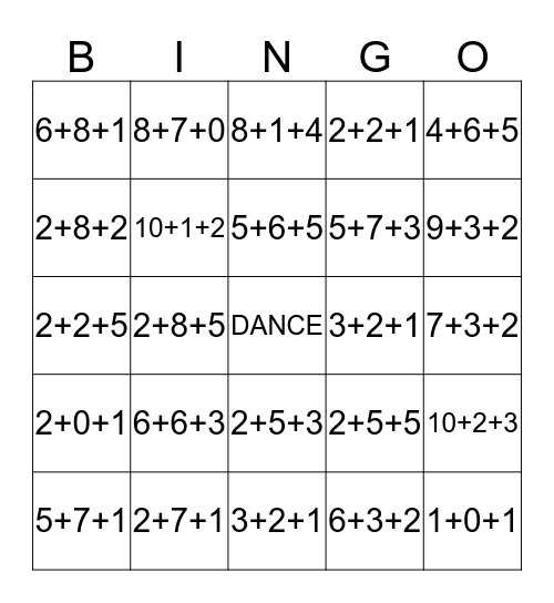 DANCE Math Bingo Card