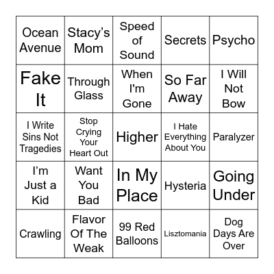 2000's Rock Bingo Card