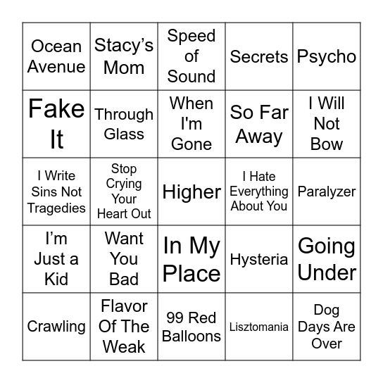 2000's Rock Bingo Card