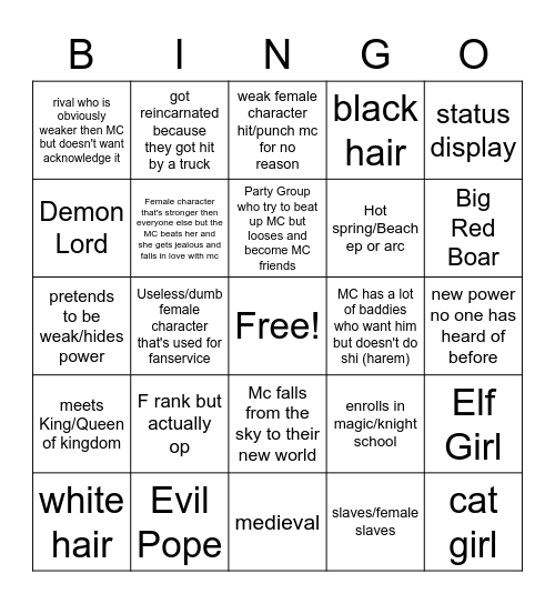 Isekai Bingo Card