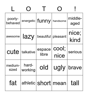 décrire une personne Bingo Card