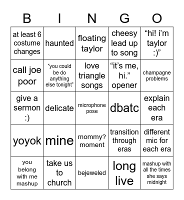 The Eras Tour Bingo Card