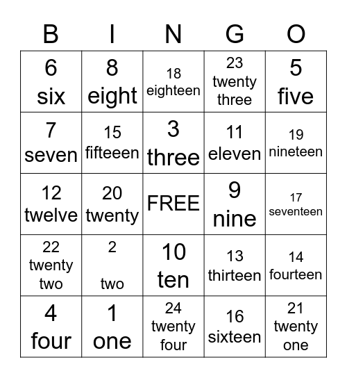 Numbers 1-20 Bingo Card