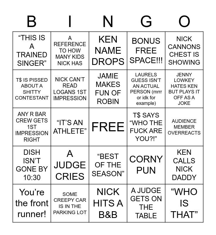 R Bar Masked Singer Bingo Card
