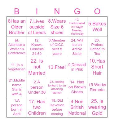 Sisterhood Ice Breaker Bingo Card