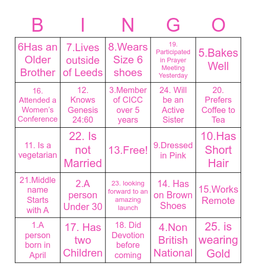 Sisterhood Ice Breaker Bingo Card