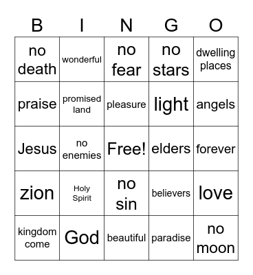 Heaven Themed Bingo Card