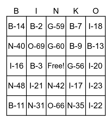 BINKO Bingo Card