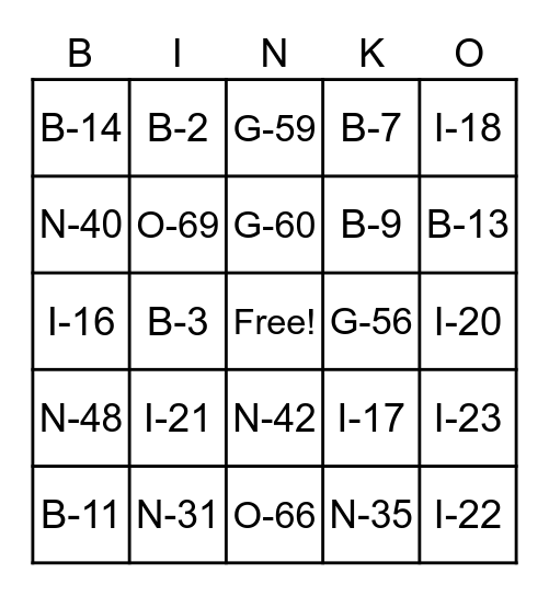 BINKO Bingo Card